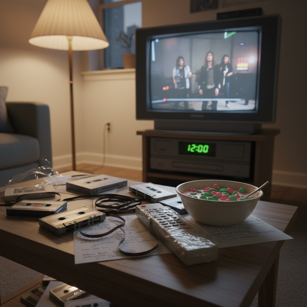 A cluttered 1990s-style living room coffee table in a small city apartment, its fake-wood surface scattered with open mixtape cassettes, handwritten liner notes, a TV remote wrapped in clear plastic, and a half-finished bowl of neon-colored cereal going soggy. A bulky gray VCR flashes 12:00 beneath a curved CRT television showing a paused grainy music video. Warm lamplight from a pleated-shade floor lamp pools onto the table, creating gentle highlights on the cassette cases. Photographic realism, shot from a slightly elevated angle with tight framing to emphasize cozy chaos, evoking a playful, nostalgic mood about when romance meant sharing tapes and late-night shows instead of swiping.
