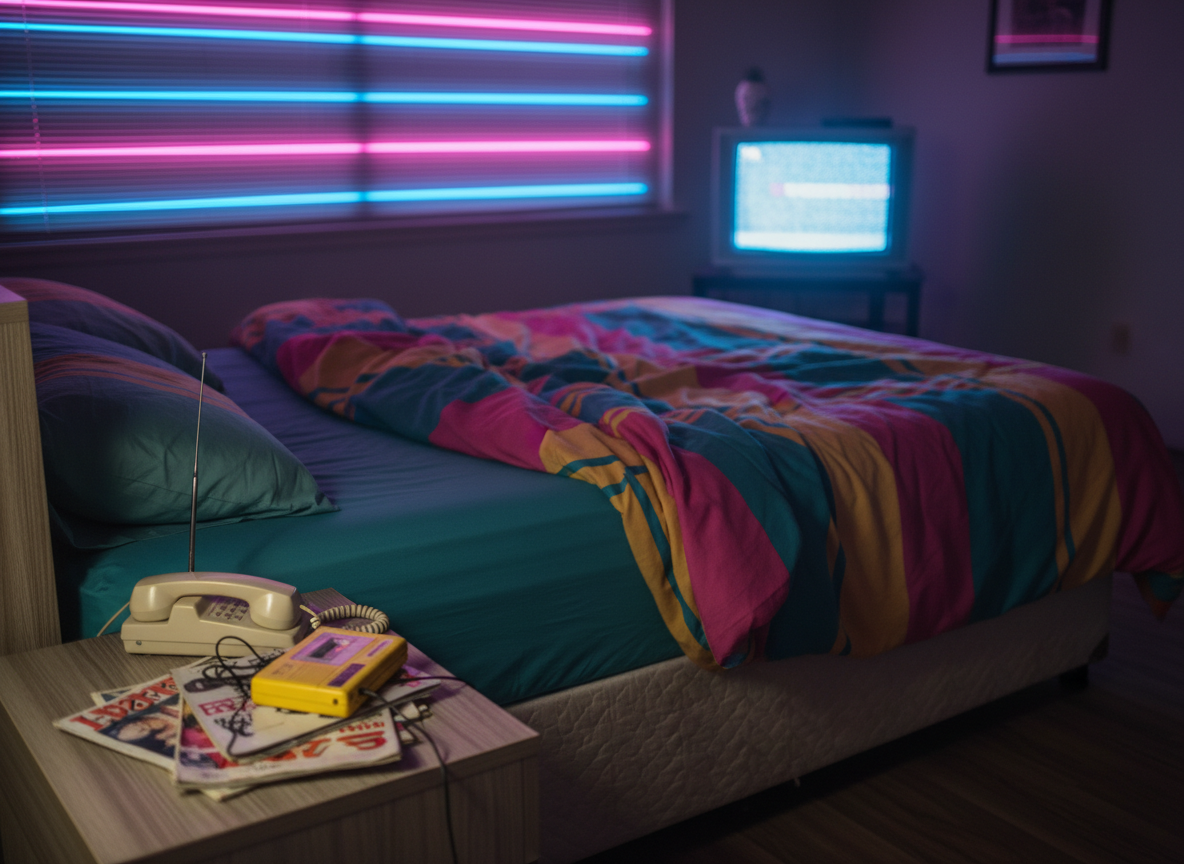 A retro city bedroom at night, centered on an unmade queen bed with mismatched 90s-patterned sheets in teal, magenta, and mustard, the fabric creased and inviting. A chunky plastic cordless phone rests off the hook on a low laminate nightstand beside a stack of dog-eared zines and a cassette Walkman with tangled headphones. Neon signs from outside spill through venetian blinds, casting pink and blue stripes across the room. Photographic realism, shot at eye level with a shallow depth of field, focusing on the bed while a CRT TV glows softly in the blurred background, creating a playful yet wistful atmosphere about lost intimacy in the city.